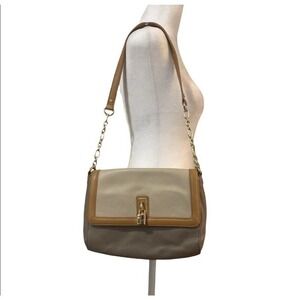 Emma Fox Taupe & Tan Leather Shoulder Chain Strap Flap Pocket Purse